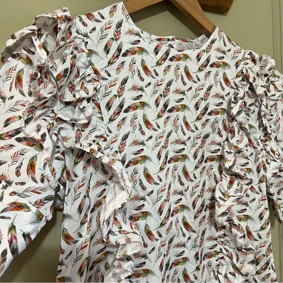 Double R Brand Women's Medium Feather Pleated Sleeve Ruffle Top. Back Button Up - Picture 3 of 11